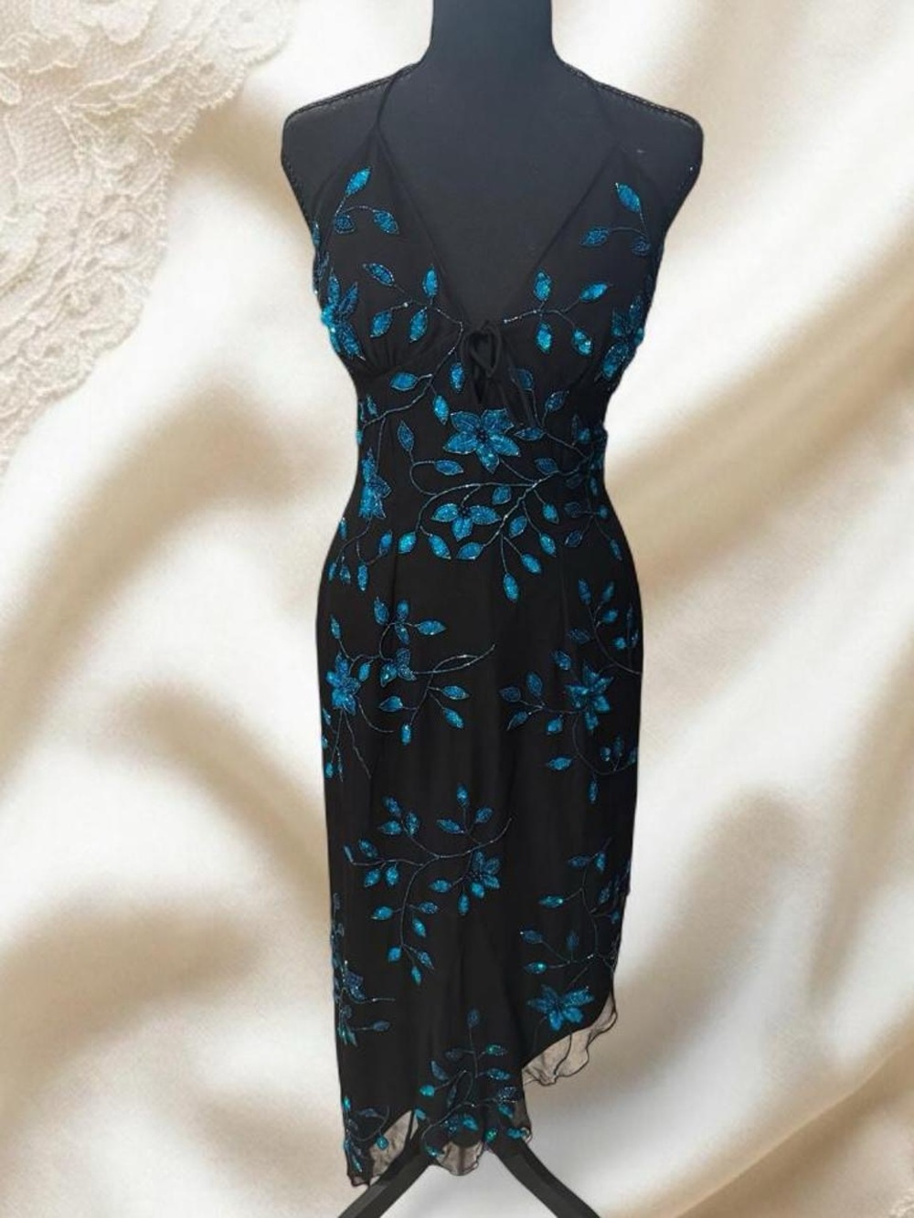 Cache Black Midi Slip Dress with Teal Blue Floral Embroidery
